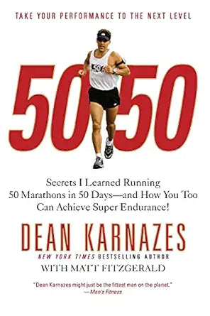 The book cover of 50/50 features bold red numerals above a runner with the title secrets i learned running by dean karnazes