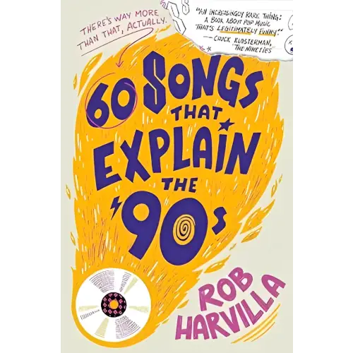 Gele boekomslag van 60 songs that explain the 90s met paarse tekst en vinylplaatafbeelding
