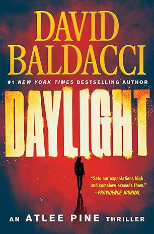 De boekomslag van daylight een thriller van david baldacci toont vurig gele letters op rode en blauwe achtergrond met silhouet