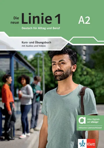 Groen kaft Duits leerboek die neue linie 1 a2 met man in casual kleding op de voorkant voor A2-niveau leerlingen