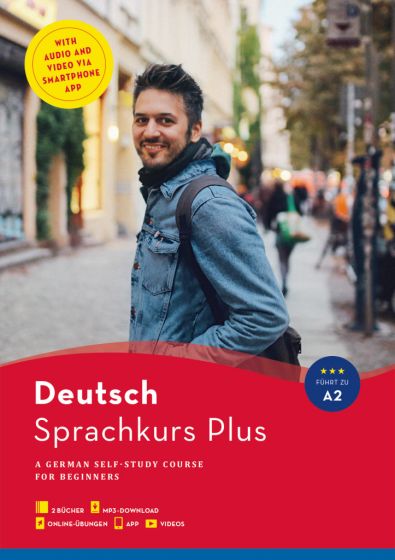De cover van de deutsch sprachkurs plus duits zelfstudiecursus voor beginners met een man in een spijkerjack en rugzak